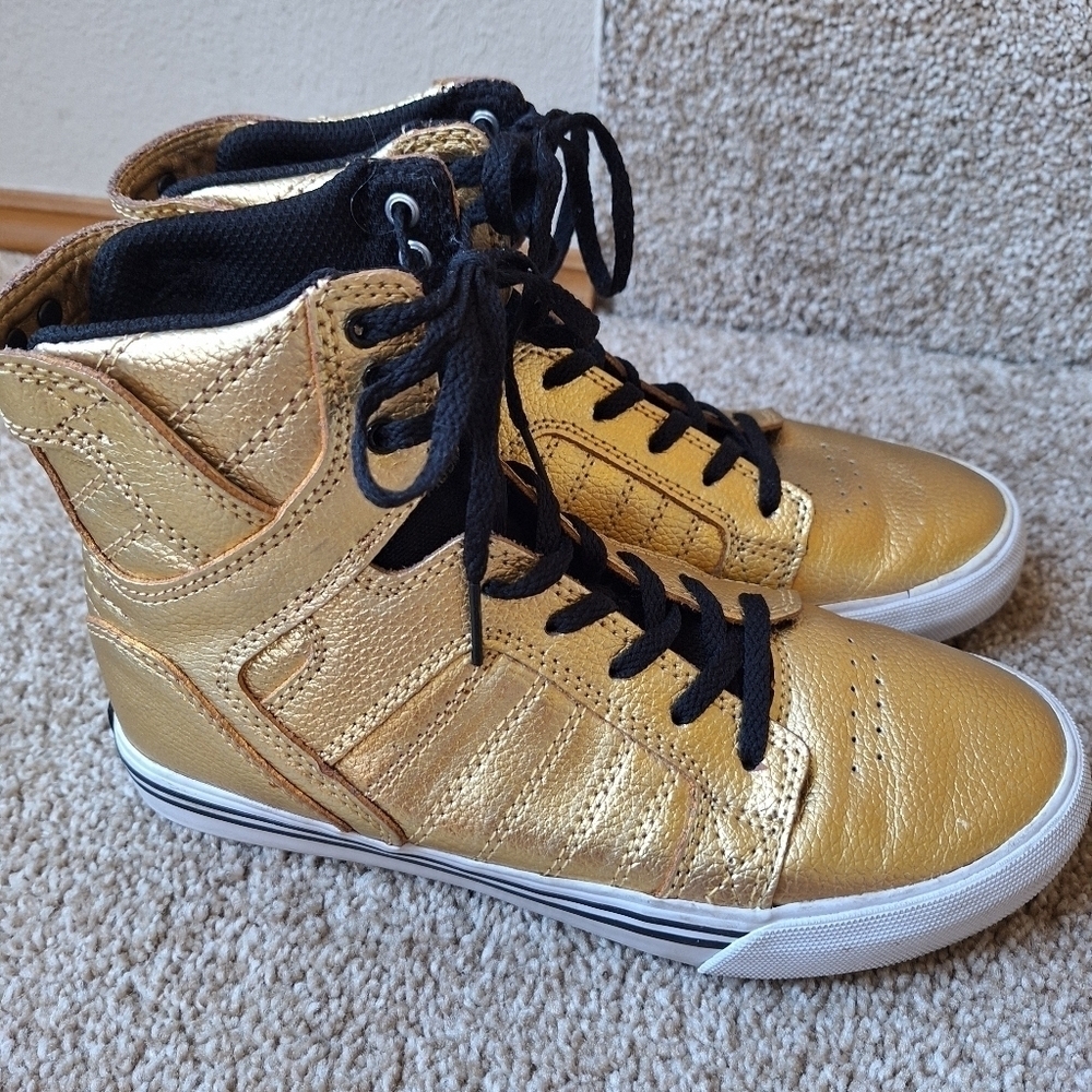 Supra Skytop Gold Metallic High Top Sneakers Kids Size 5 Womens Size 7 - Picture 3 of 9